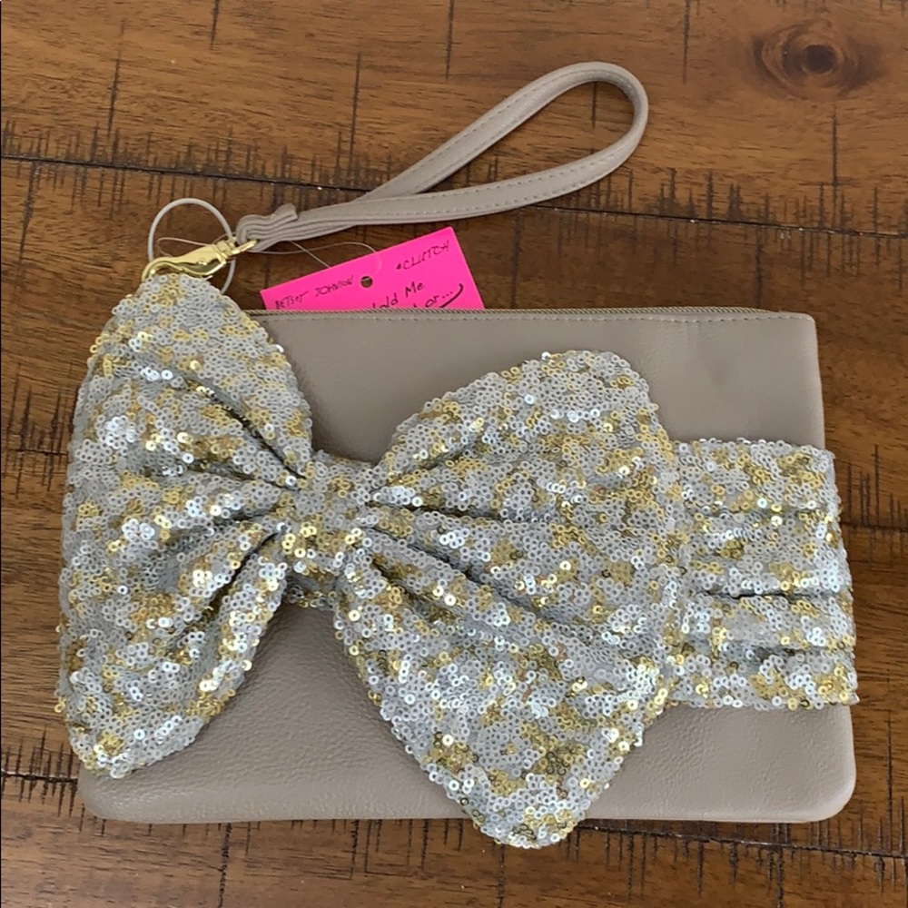 Gold and Silver Sequin Bow Leather Clutch Bag